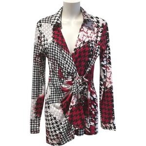 Max & Rina Houndstooth Blouse Red Abstract Tie Front Long Sleeve Women S‎